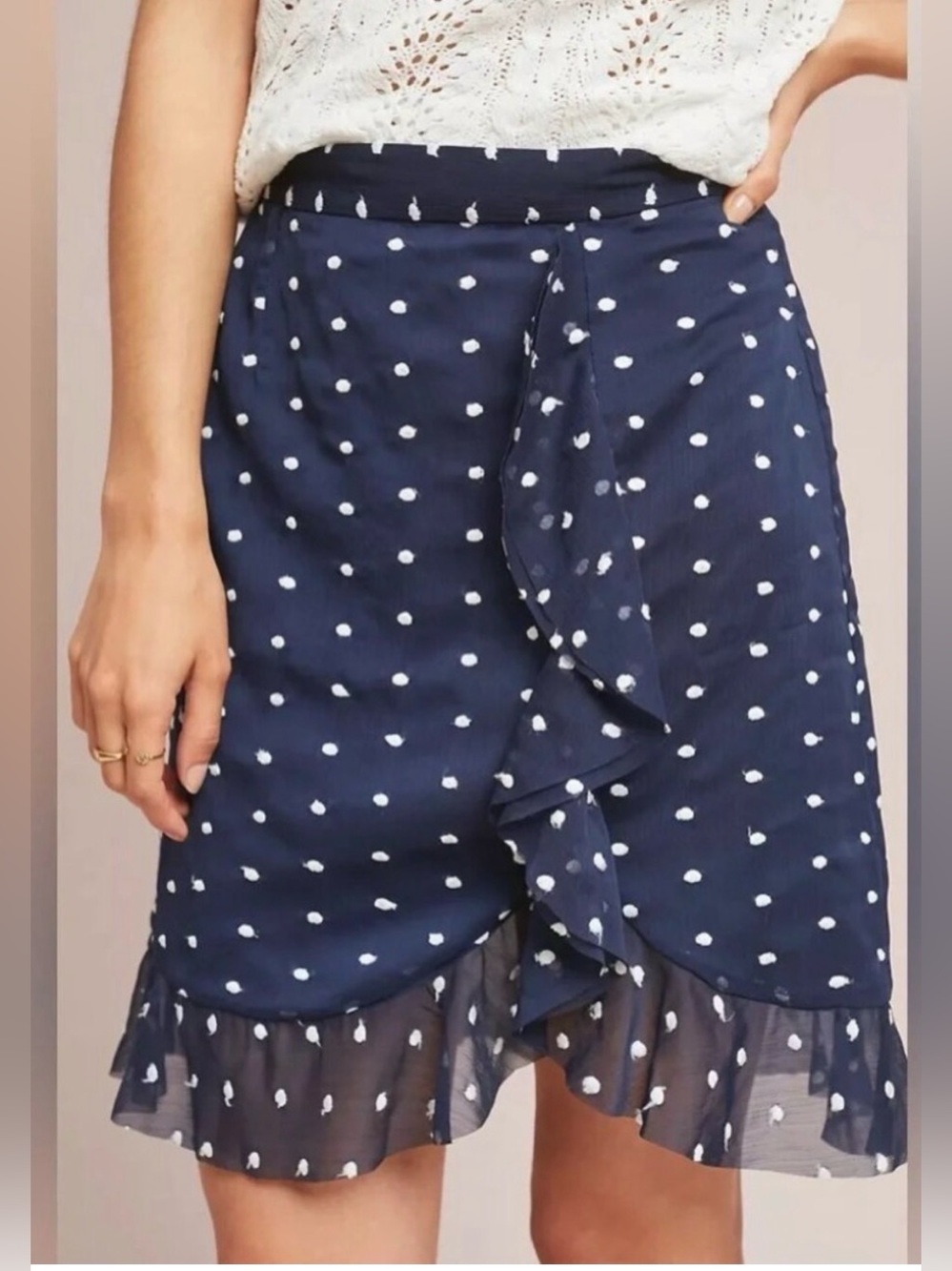 Hutch Navy and White Polka Dot Ruffle Wrap Mini Skirt- size 10